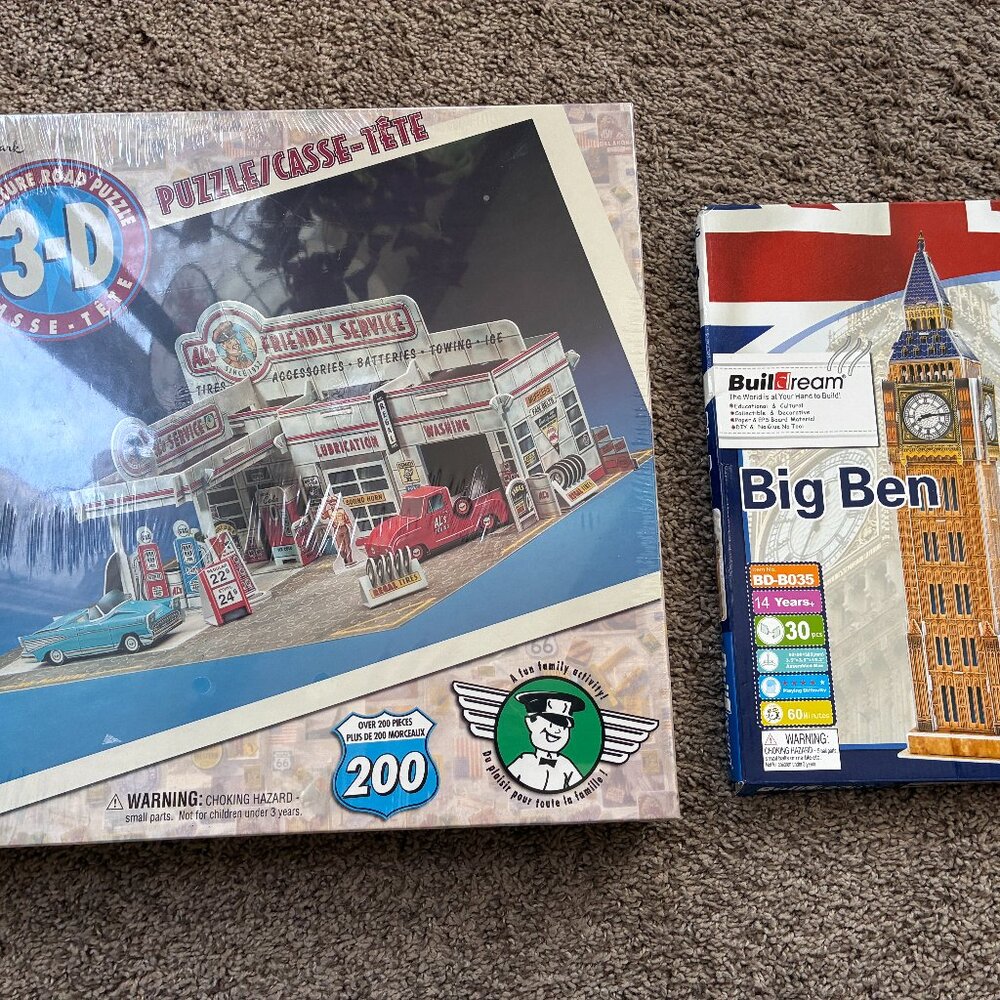 Lot of 2 New 3-D PUZZLES:  Gas Station & Big Ben